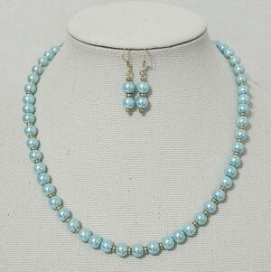 Blue Glass Faux Pearl Gold Tone Necklace and Earring Set Classy Party Casual New